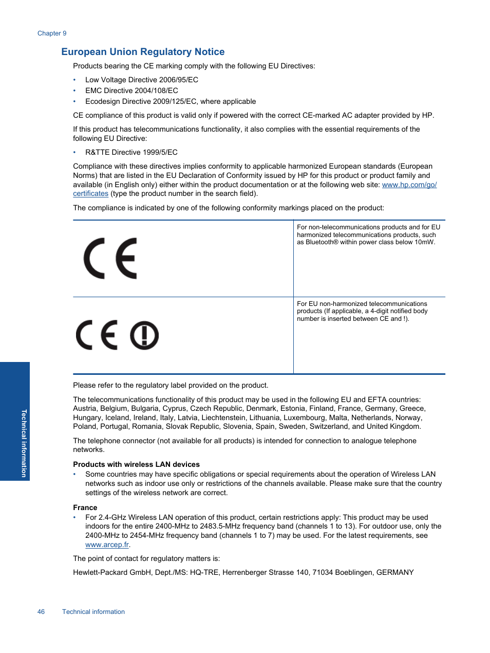European union regulatory notice | HP 5510 User Manual | Page 48 / 52