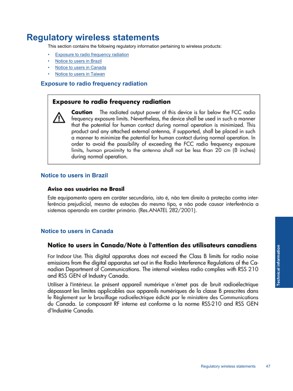 Regulatory wireless statements, Exposure to radio frequency radiation, Notice to users in brazil | Notice to users in canada | HP 5510 User Manual | Page 49 / 52