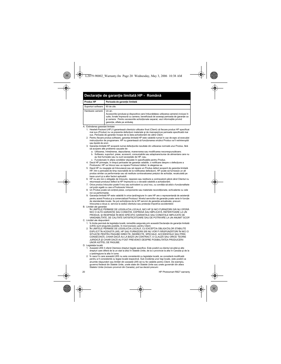 Declaraţie de garanţie limitată hp - română | HP R827 User Manual | Page 22 / 56