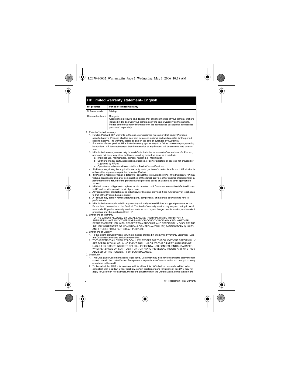 Hp limited warranty statement- english | HP R827 User Manual | Page 4 / 56