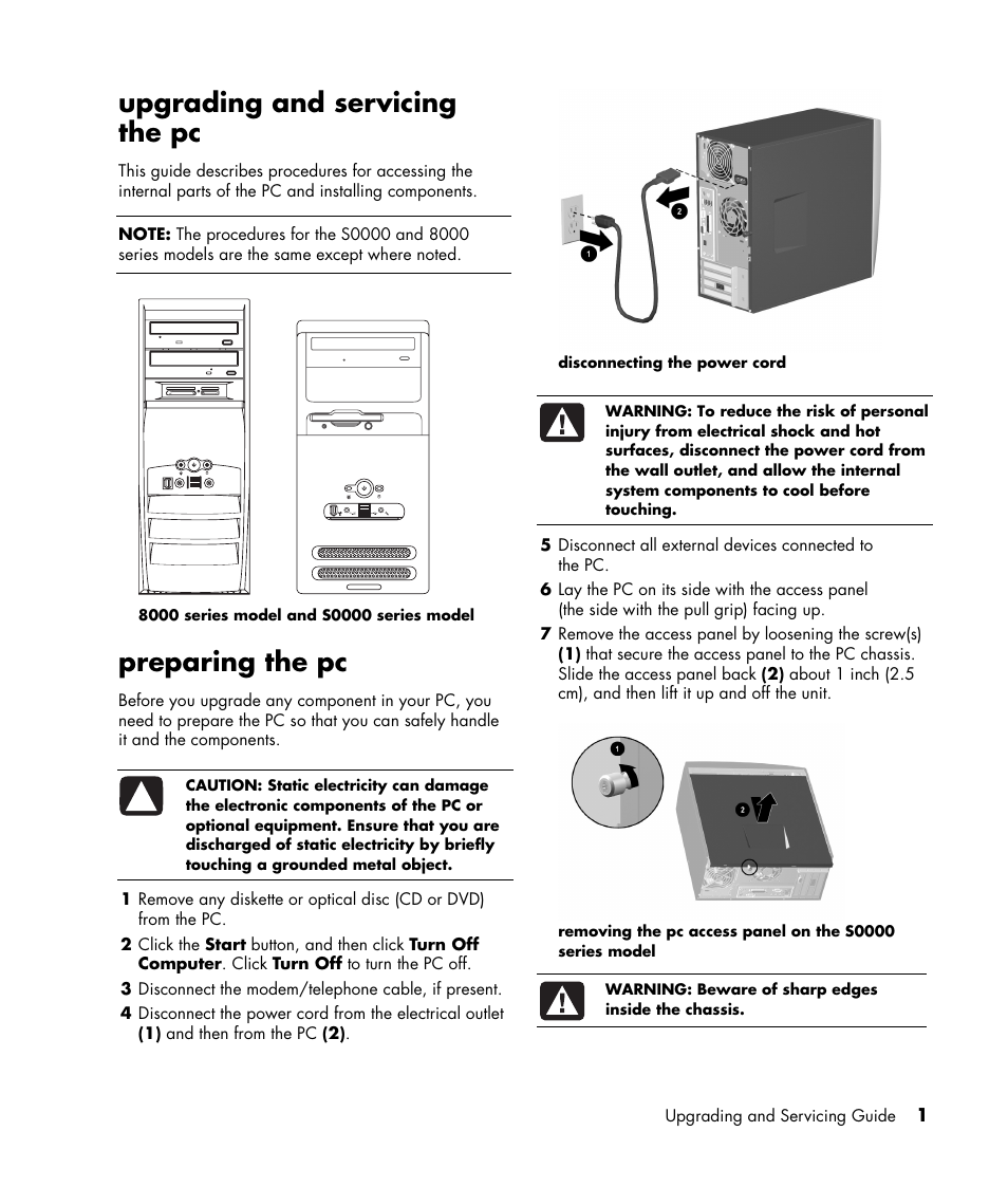 Upgrading and servicing the pc, Preparing the pc | HP S7300CL User Manual | Page 5 / 16