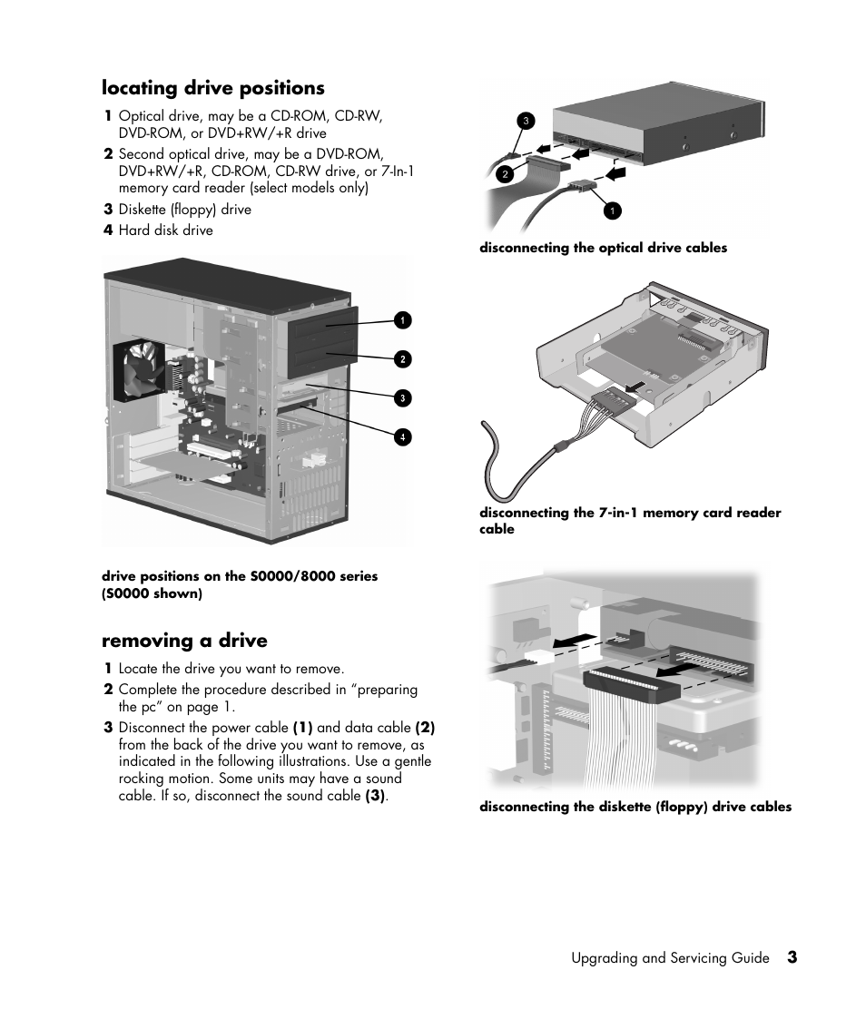 Locating drive positions, Removing a drive | HP S7300CL User Manual | Page 7 / 16