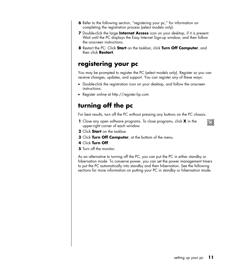 Registering your pc, Turning off the pc | HP HB4 User Manual | Page 17 / 106