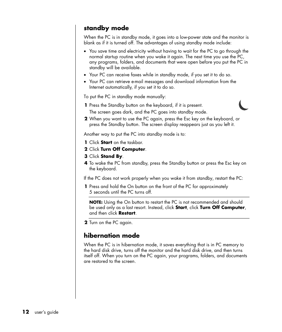 Standby mode, Hibernation mode | HP HB4 User Manual | Page 18 / 106