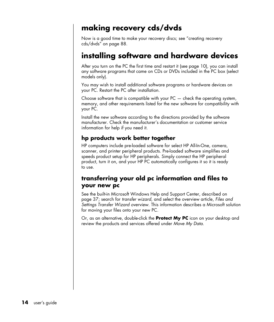 Making recovery cds/dvds, Installing software and hardware devices | HP HB4 User Manual | Page 20 / 106
