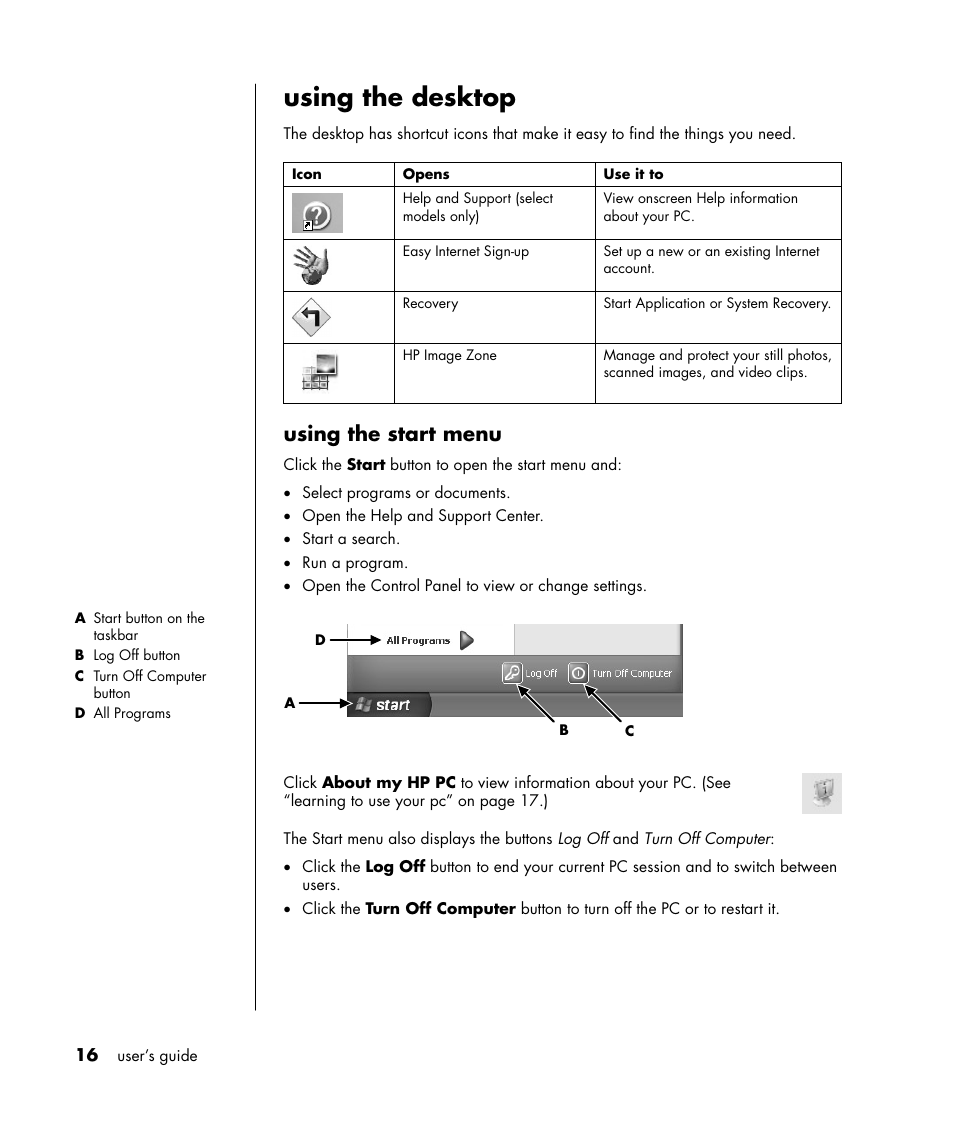 Using the desktop, Using the start menu | HP HB4 User Manual | Page 22 / 106