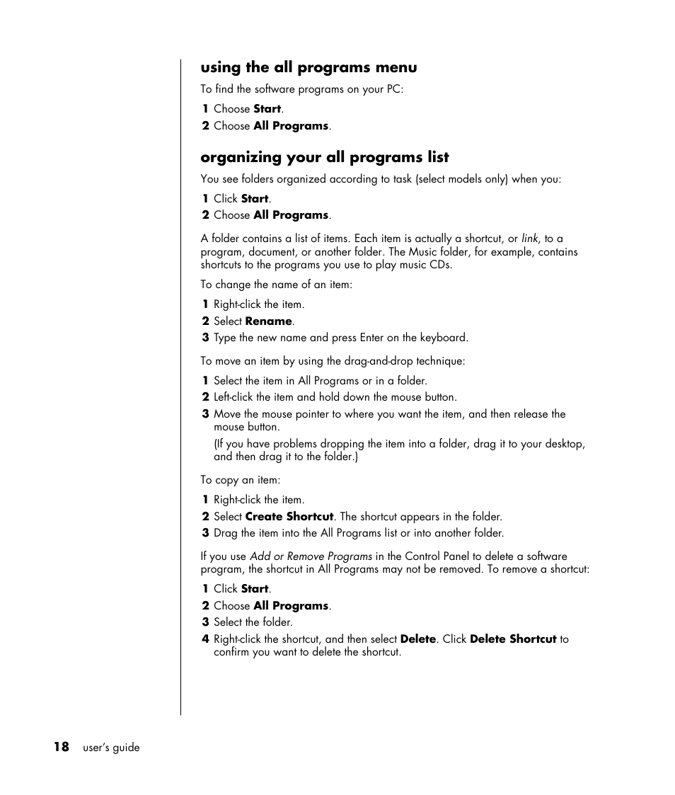 Using the all programs menu, Organizing your all programs list | HP HB4 User Manual | Page 24 / 106