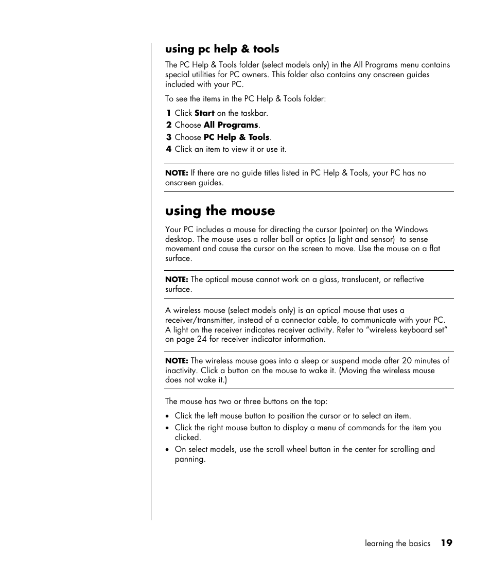 Using the mouse, Using pc help & tools | HP HB4 User Manual | Page 25 / 106