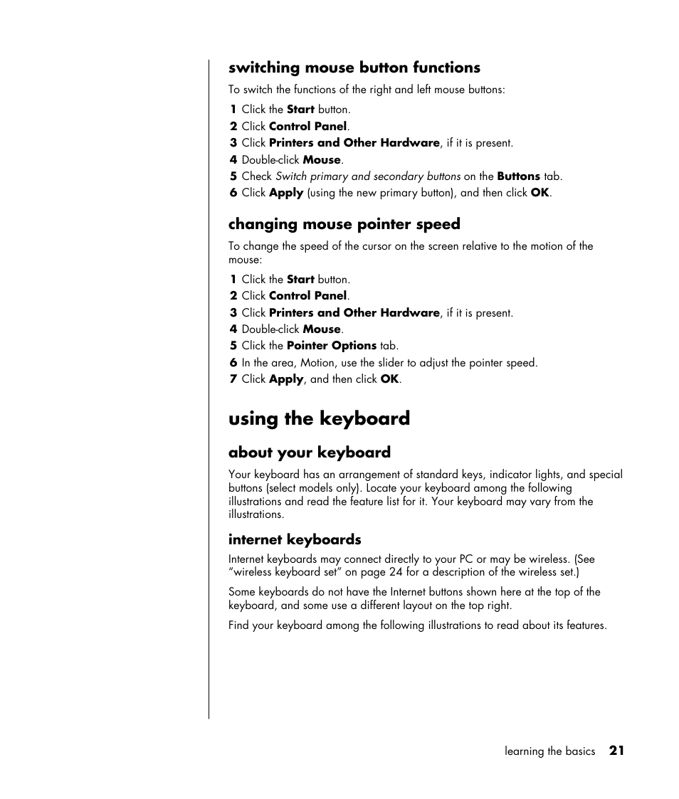 Using the keyboard, Switching mouse button functions, Changing mouse pointer speed | About your keyboard | HP HB4 User Manual | Page 27 / 106