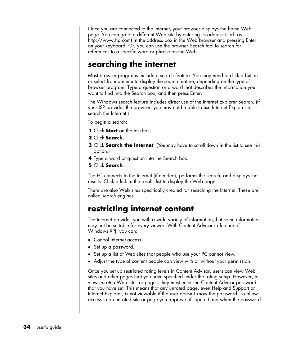 Searching the internet, Restricting internet content | HP HB4 User Manual | Page 40 / 106