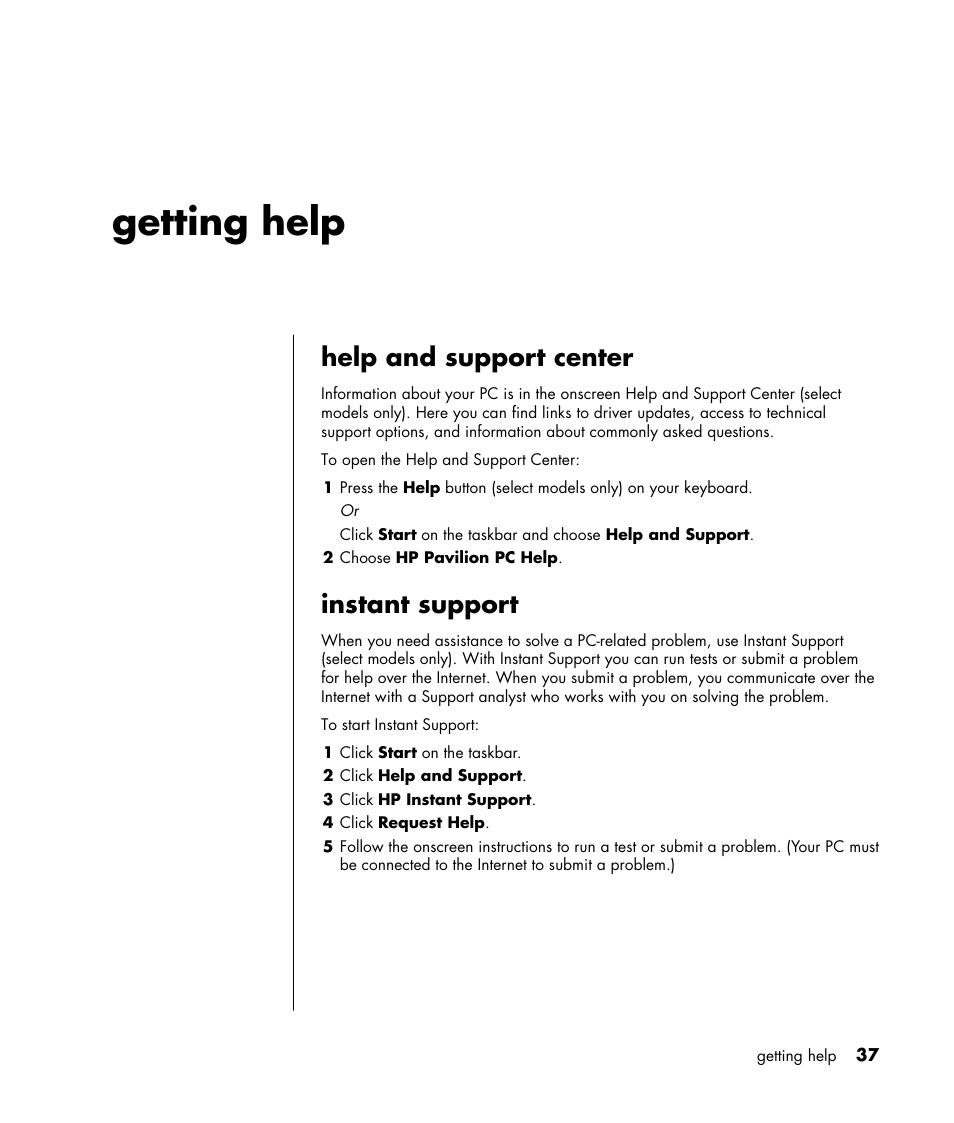 Getting help, Help and support center, Instant support | HP HB4 User Manual | Page 43 / 106