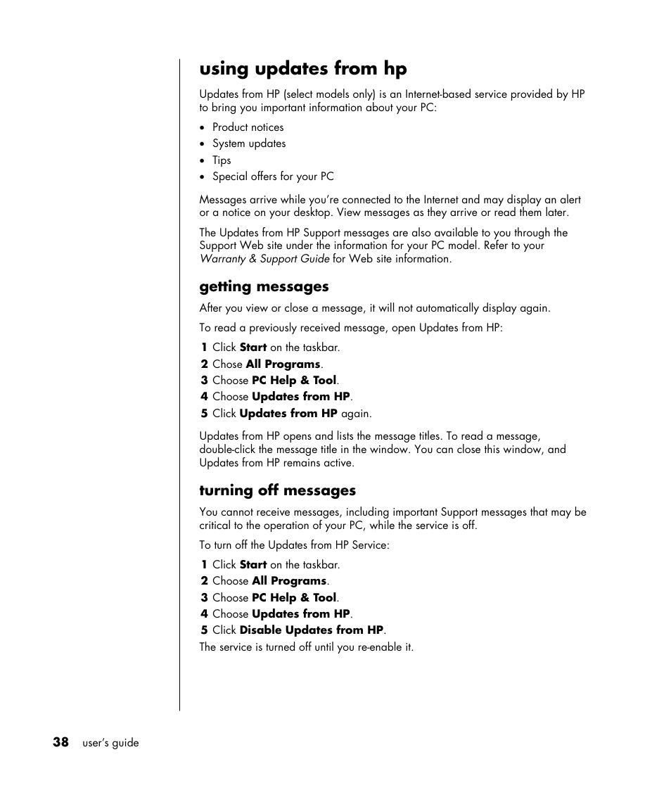 Using updates from hp, Getting messages, Turning off messages | HP HB4 User Manual | Page 44 / 106