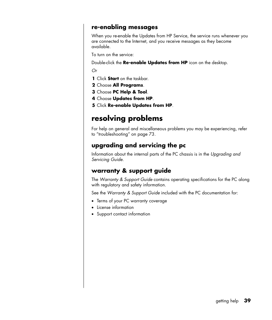 Resolving problems, Re-enabling messages, Upgrading and servicing the pc | Warranty & support guide | HP HB4 User Manual | Page 45 / 106