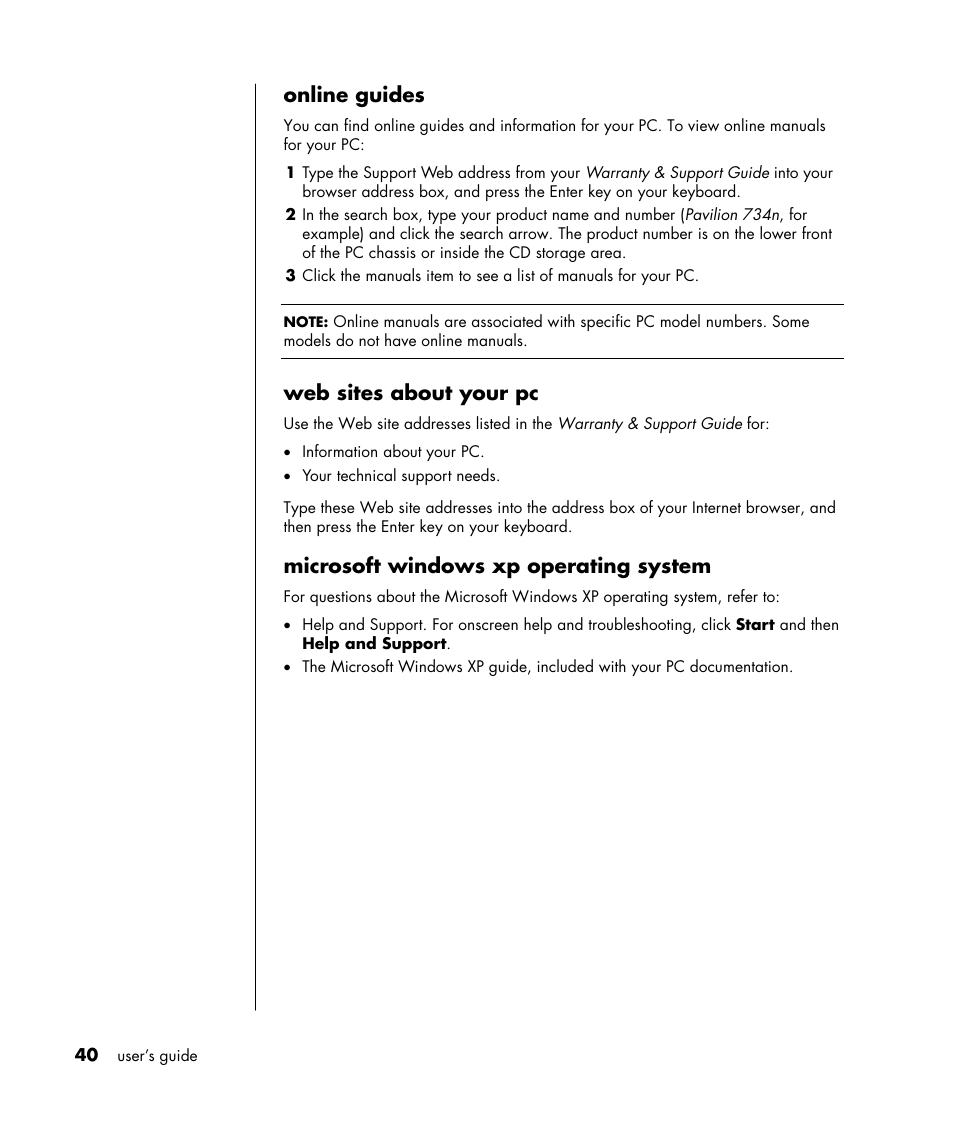 Online guides, Web sites about your pc, Microsoft windows xp operating system | HP HB4 User Manual | Page 46 / 106