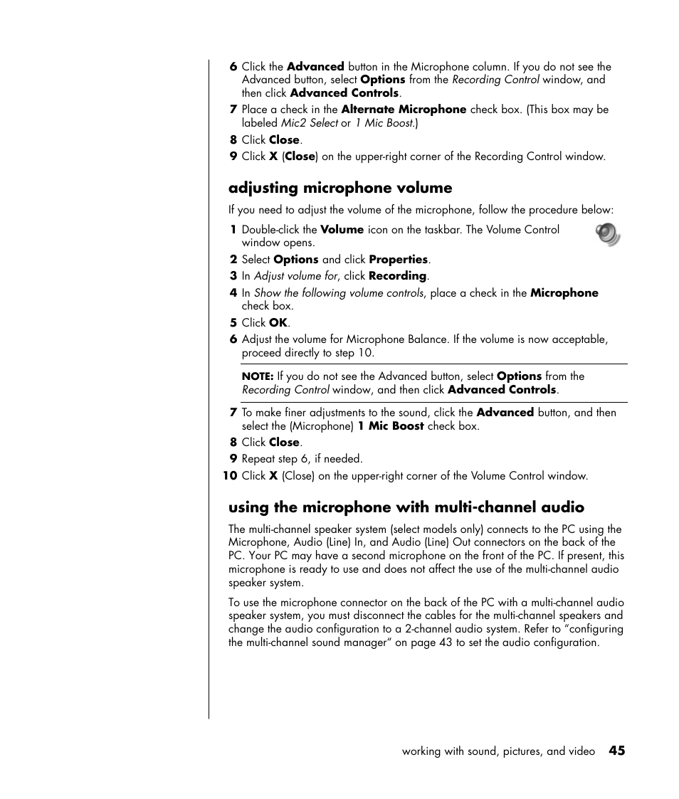 Adjusting microphone volume, Using the microphone with multi-channel audio | HP HB4 User Manual | Page 51 / 106