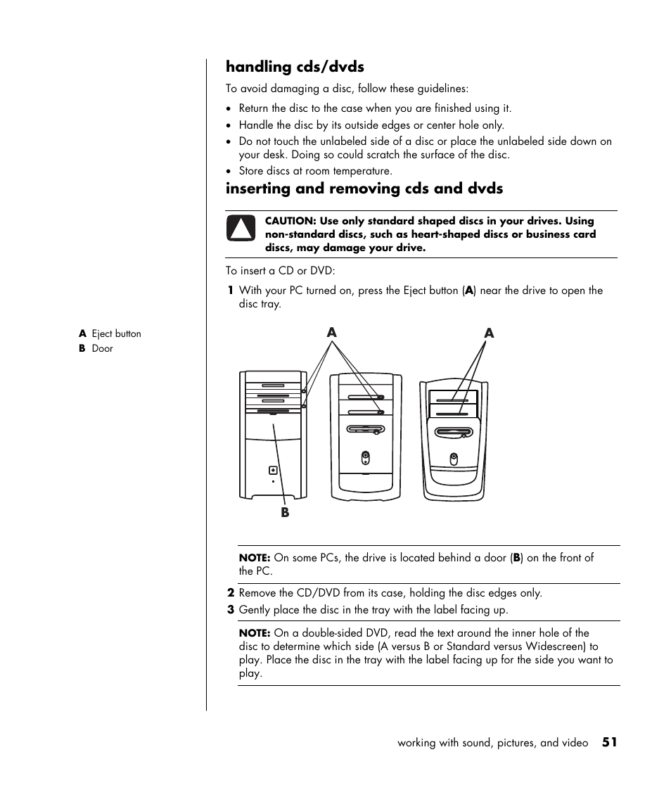 Handling cds/dvds, Inserting and removing cds and dvds | HP HB4 User Manual | Page 57 / 106