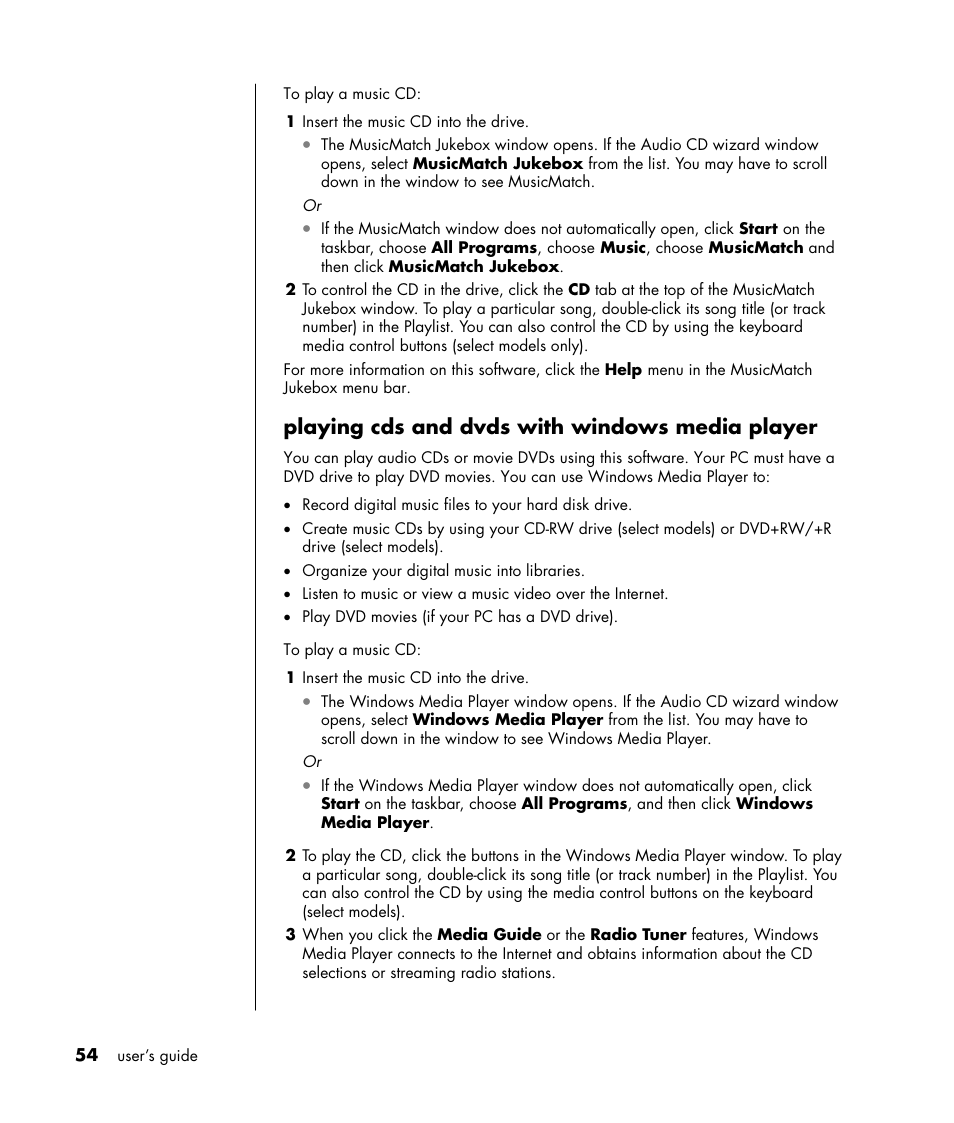 Playing cds and dvds with windows media player | HP HB4 User Manual | Page 60 / 106