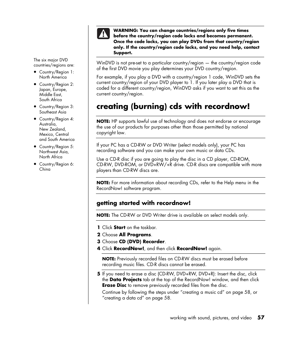 Creating (burning) cds with recordnow | HP HB4 User Manual | Page 63 / 106