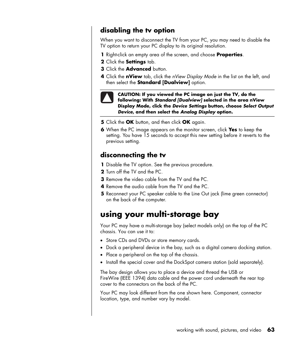 Using your multi-storage bay, Disabling the tv option, Disconnecting the tv | HP HB4 User Manual | Page 69 / 106