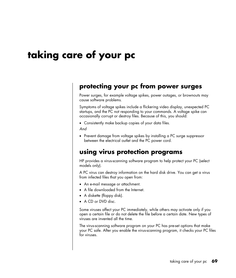Taking care of your pc, Protecting your pc from power surges, Using virus protection programs | HP HB4 User Manual | Page 75 / 106