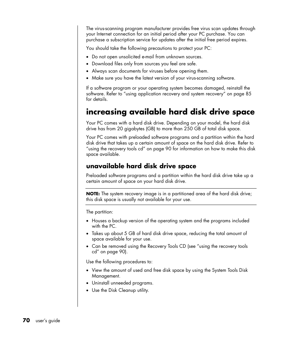 Increasing available hard disk drive space, Unavailable hard disk drive space | HP HB4 User Manual | Page 76 / 106