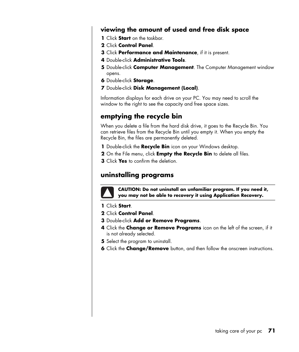 Emptying the recycle bin, Uninstalling programs, Viewing the amount of used and free disk space | HP HB4 User Manual | Page 77 / 106