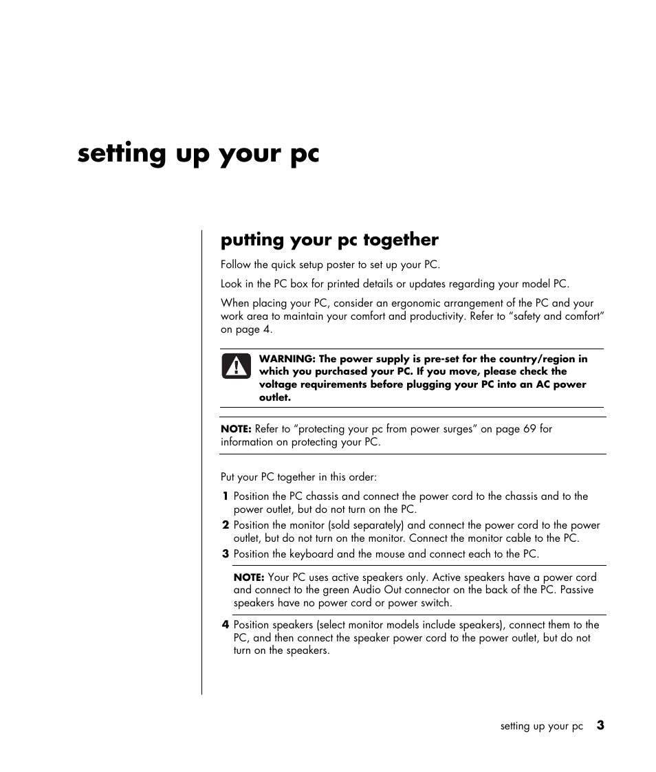 Setting up your pc, Putting your pc together | HP HB4 User Manual | Page 9 / 106
