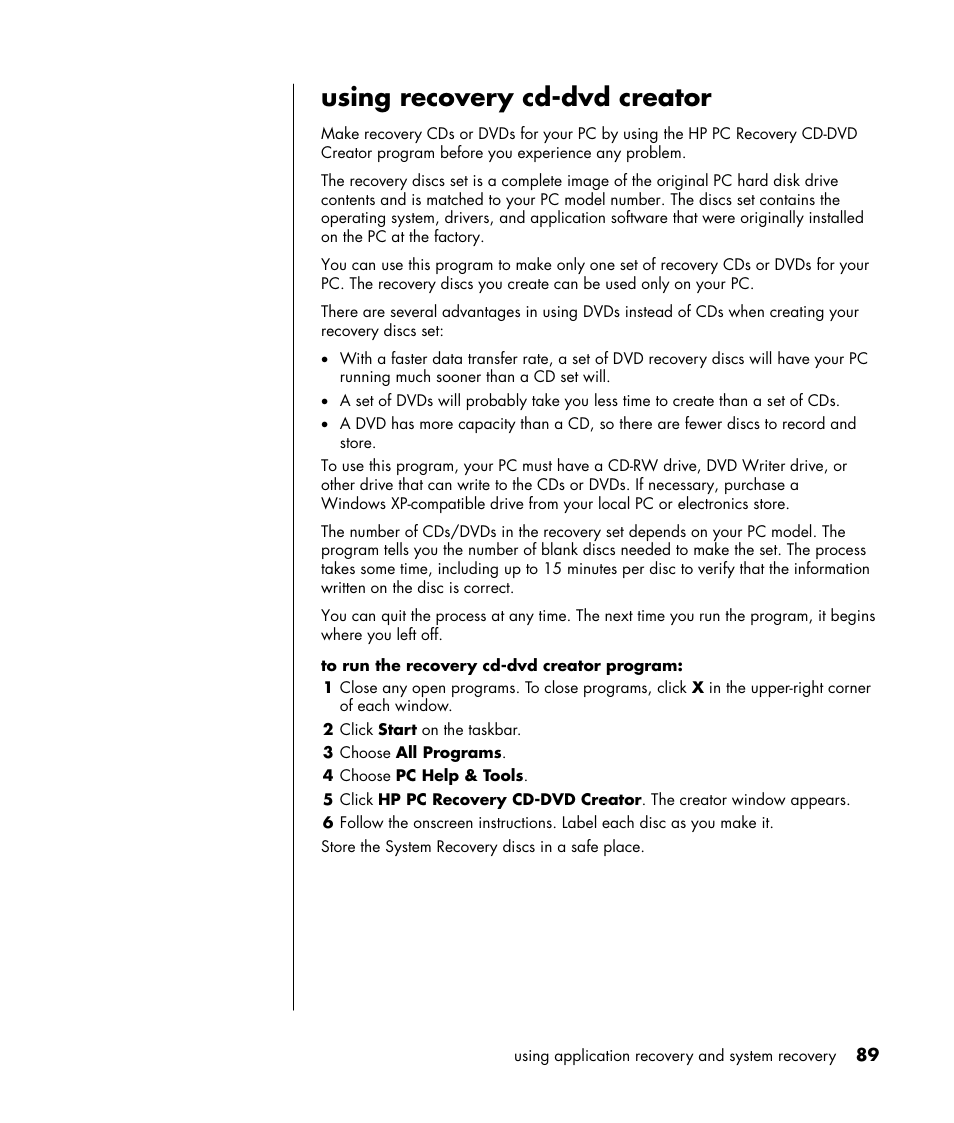 Using recovery cd-dvd creator | HP HB4 User Manual | Page 95 / 106