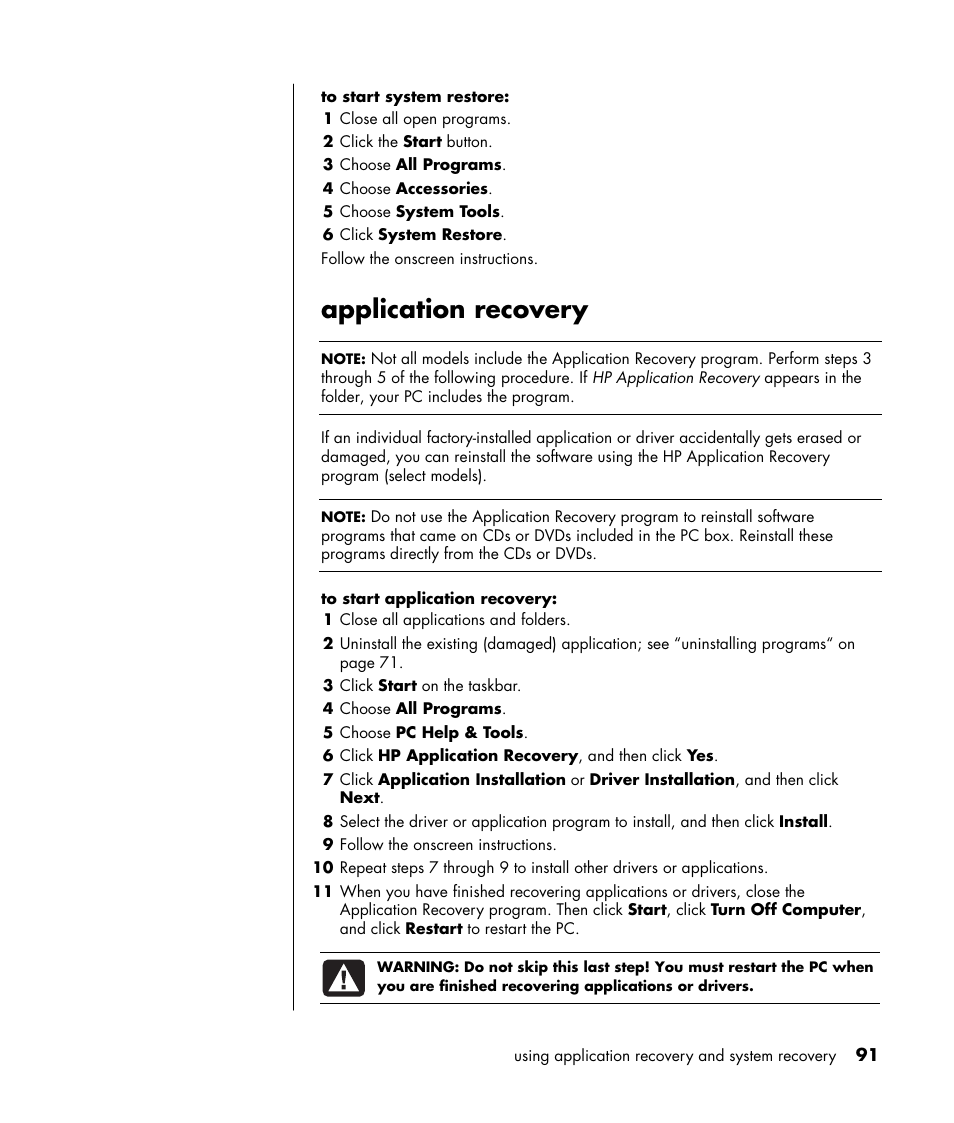 Application recovery | HP HB4 User Manual | Page 97 / 106