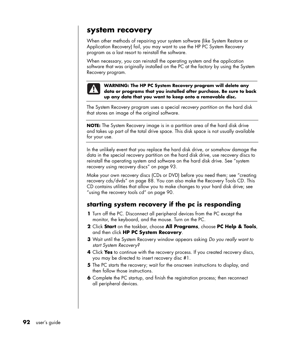 System recovery, Starting system recovery if the pc is responding | HP HB4 User Manual | Page 98 / 106