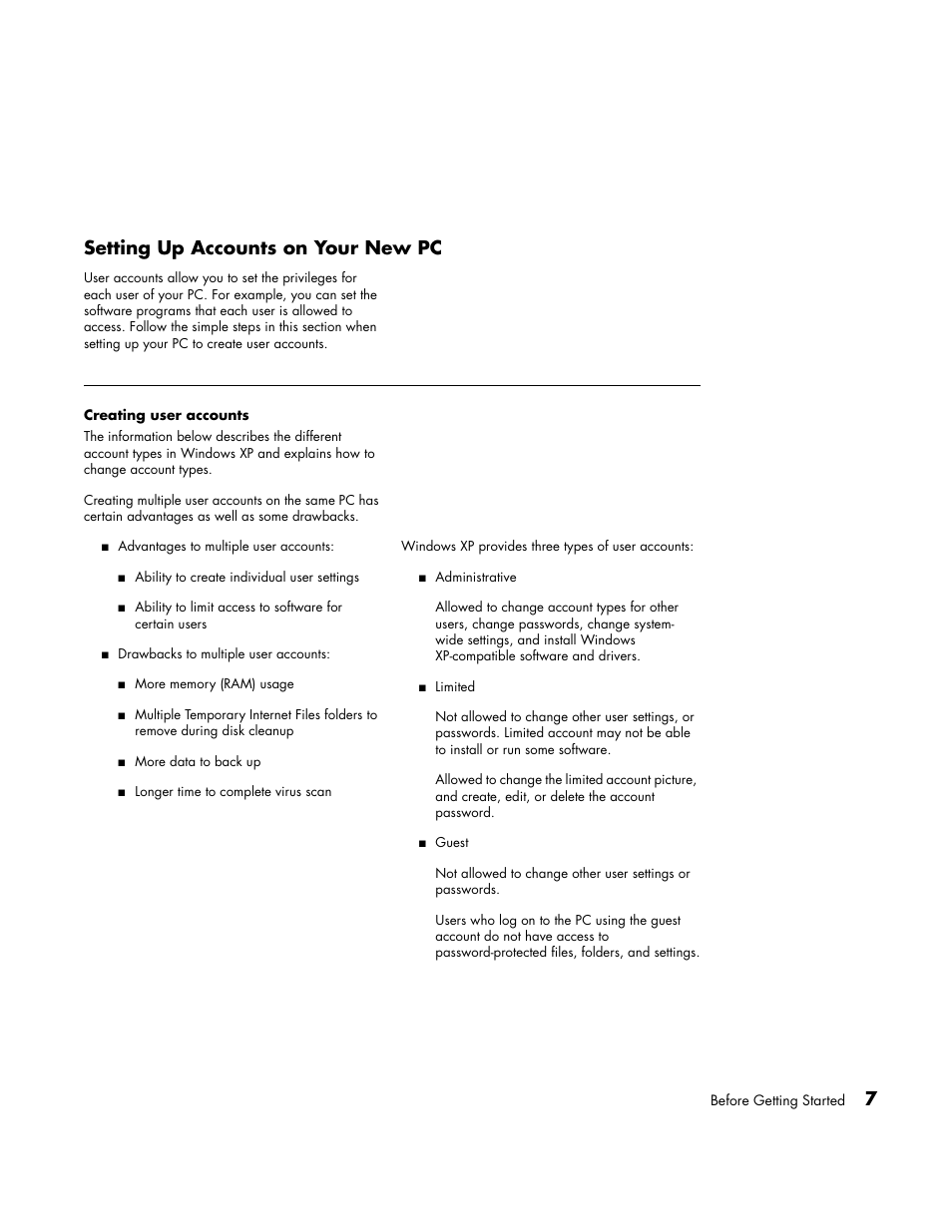 Setting up accounts on your new pc, Creating user accounts, 7setting up accounts on your new pc | HP Media Center PC User Manual | Page 11 / 86