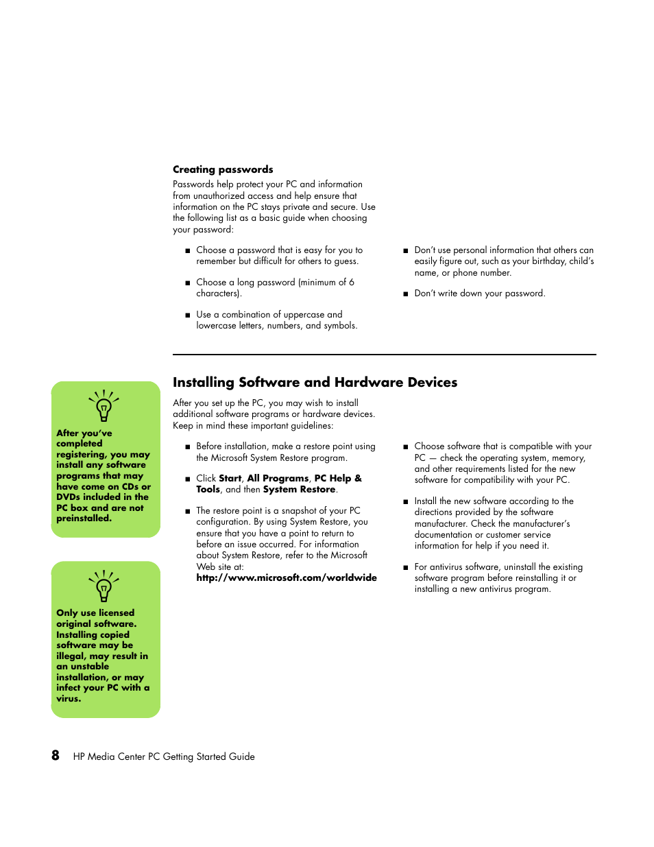 Creating passwords, Installing software and hardware devices | HP Media Center PC User Manual | Page 12 / 86