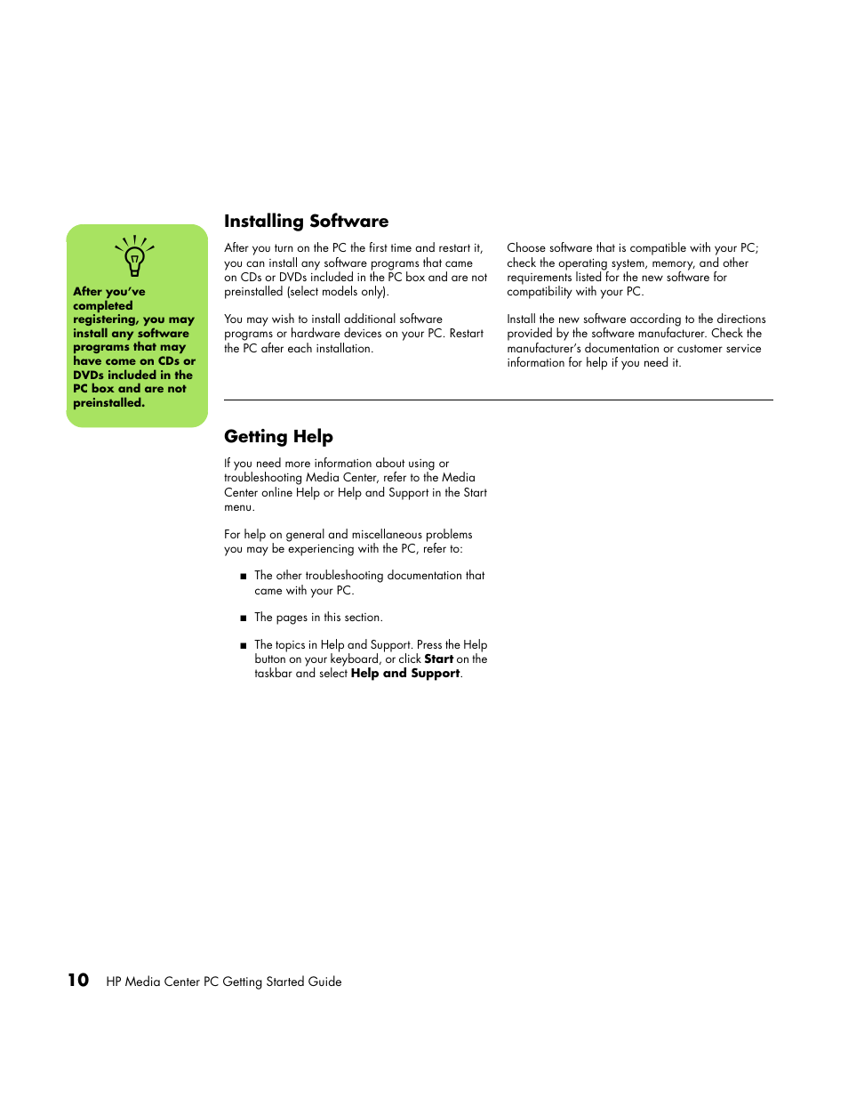 Installing software, Getting help, Installing software getting help | HP Media Center PC User Manual | Page 14 / 86