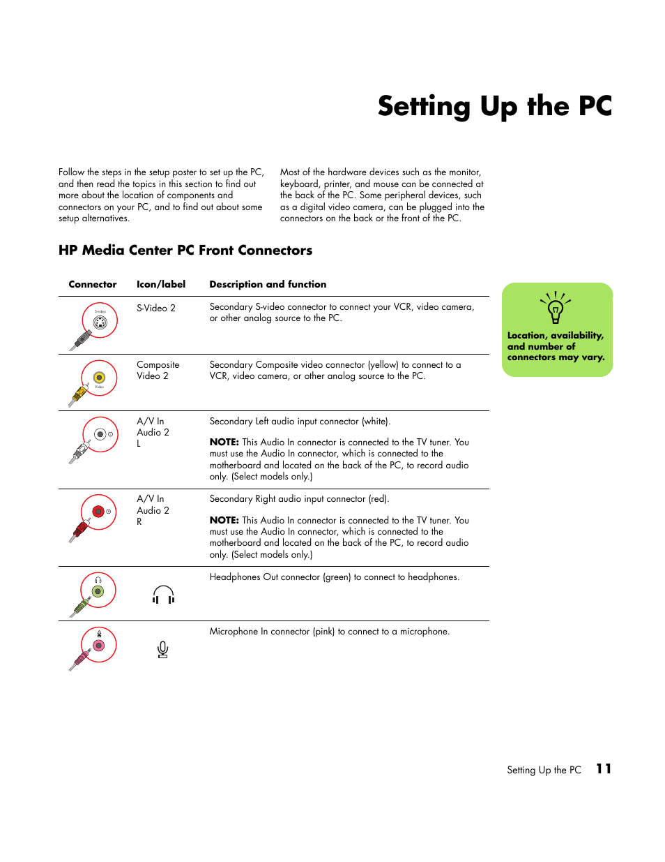 Setting up the pc, Hp media center pc front connectors | HP Media Center PC User Manual | Page 15 / 86