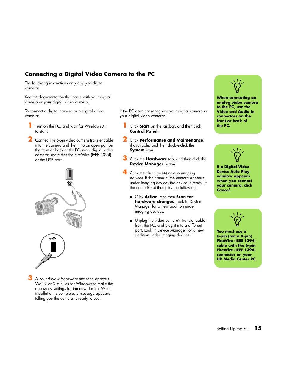 Connecting a digital video camera to the pc | HP Media Center PC User Manual | Page 19 / 86