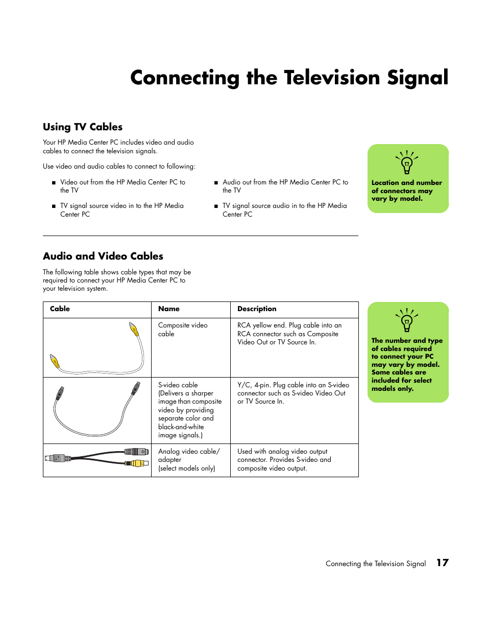 Connecting the television signal, Using tv cables, Audio and video cables | Using tv cables audio and video cables | HP Media Center PC User Manual | Page 21 / 86