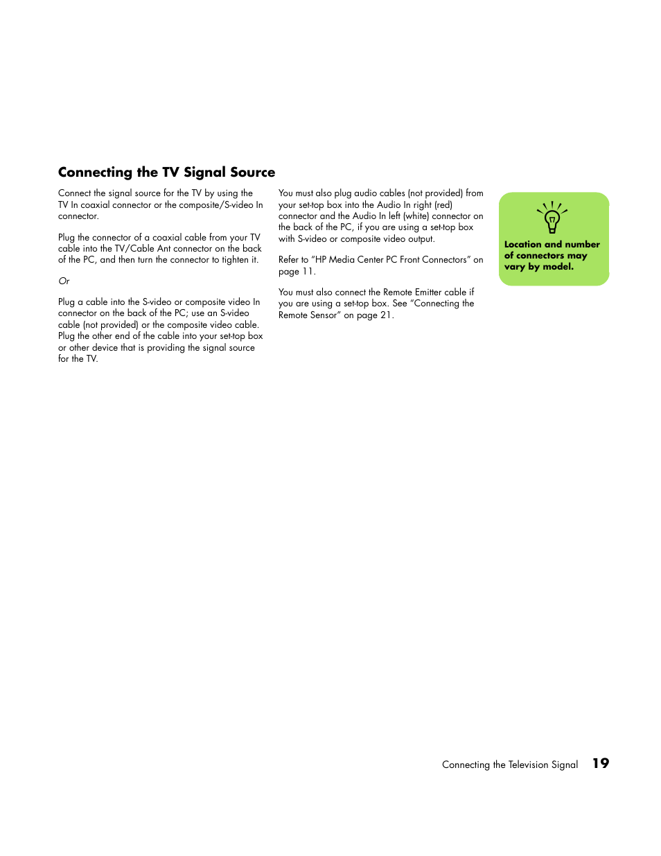 Connecting the tv signal source | HP Media Center PC User Manual | Page 23 / 86