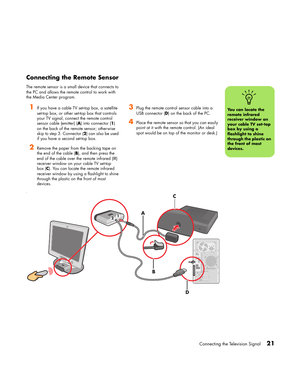 Connecting the remote sensor | HP Media Center PC User Manual | Page 25 / 86