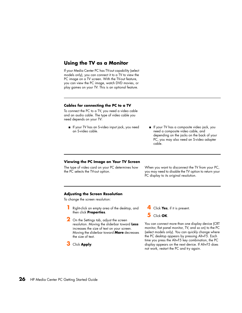 Using the tv as a monitor, Cables for connecting the pc to a tv, Viewing the pc image on your tv screen | Adjusting the screen resolution | HP Media Center PC User Manual | Page 30 / 86