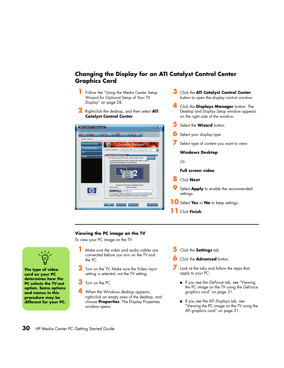 Viewing the pc image on the tv, Graphics card | HP Media Center PC User Manual | Page 34 / 86