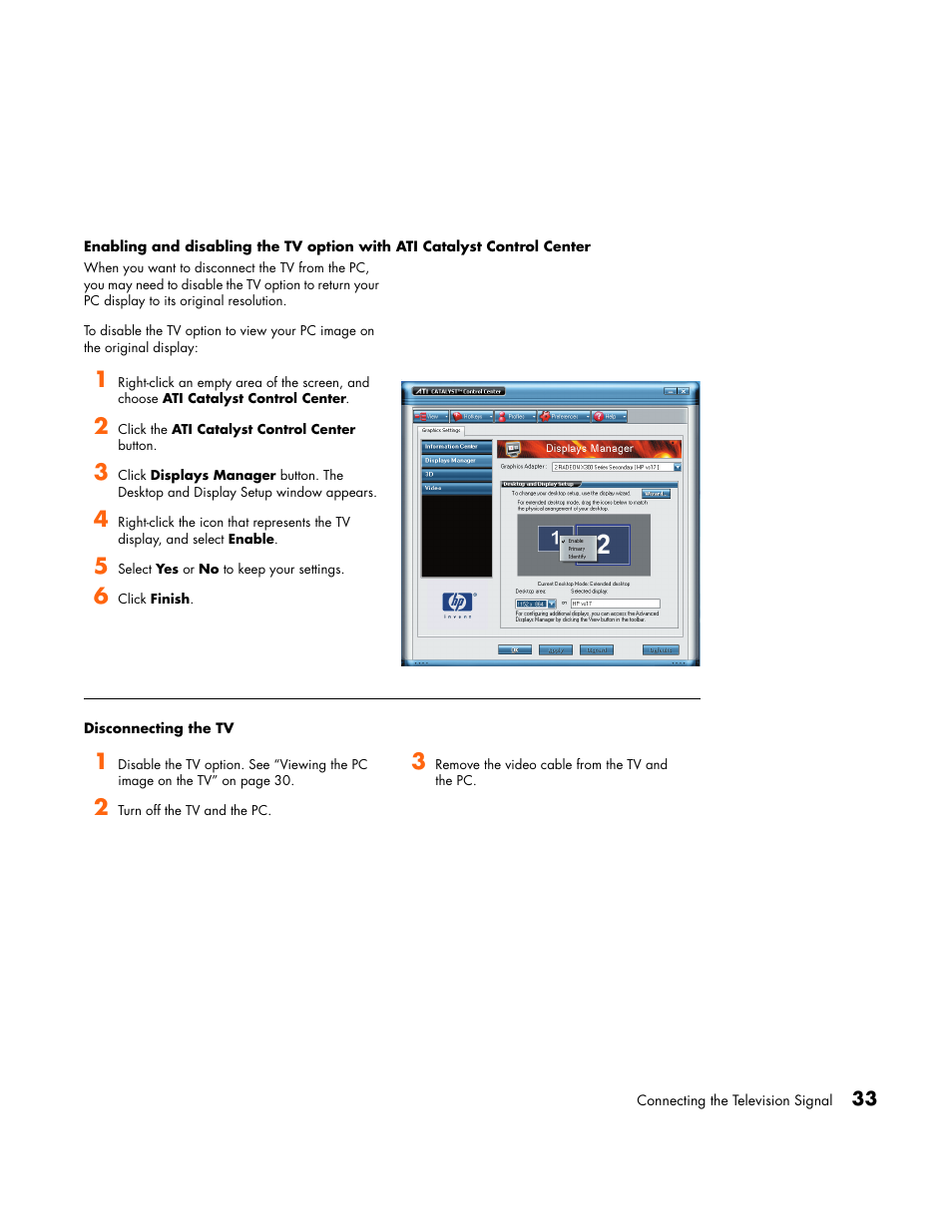 Disconnecting the tv, Control center | HP Media Center PC User Manual | Page 37 / 86