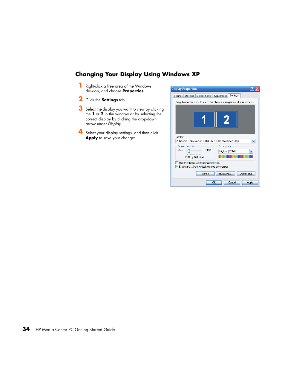 Changing your display using windows xp | HP Media Center PC User Manual | Page 38 / 86