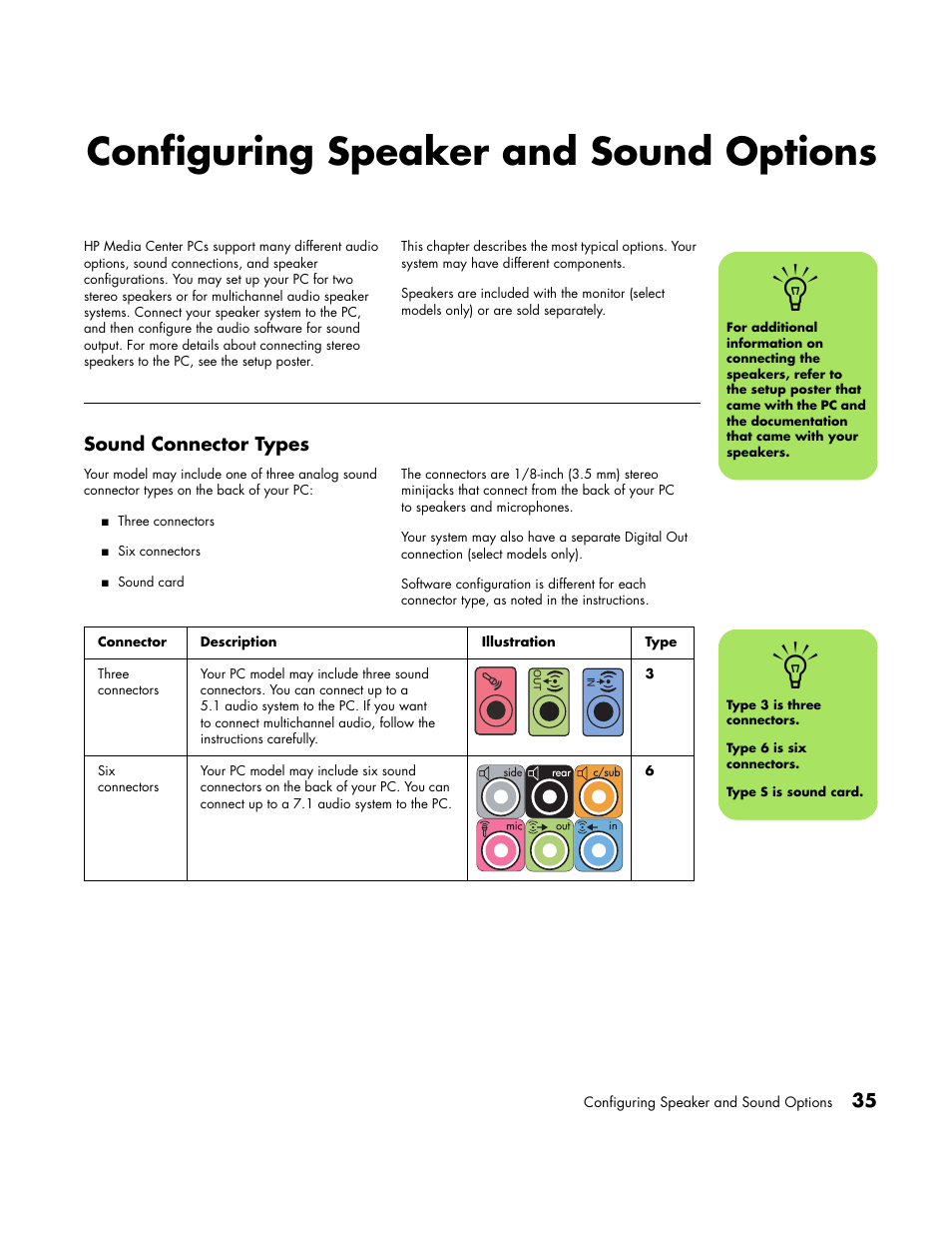 Configuring speaker and sound options, Sound connector types | HP Media Center PC User Manual | Page 39 / 86