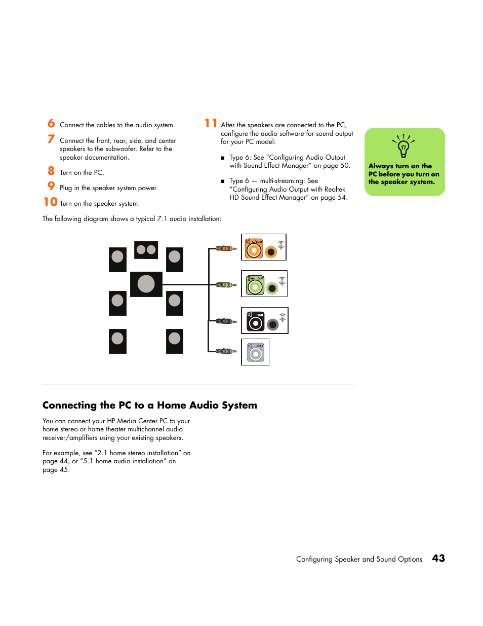 Connecting the pc to a home audio system | HP Media Center PC User Manual | Page 47 / 86