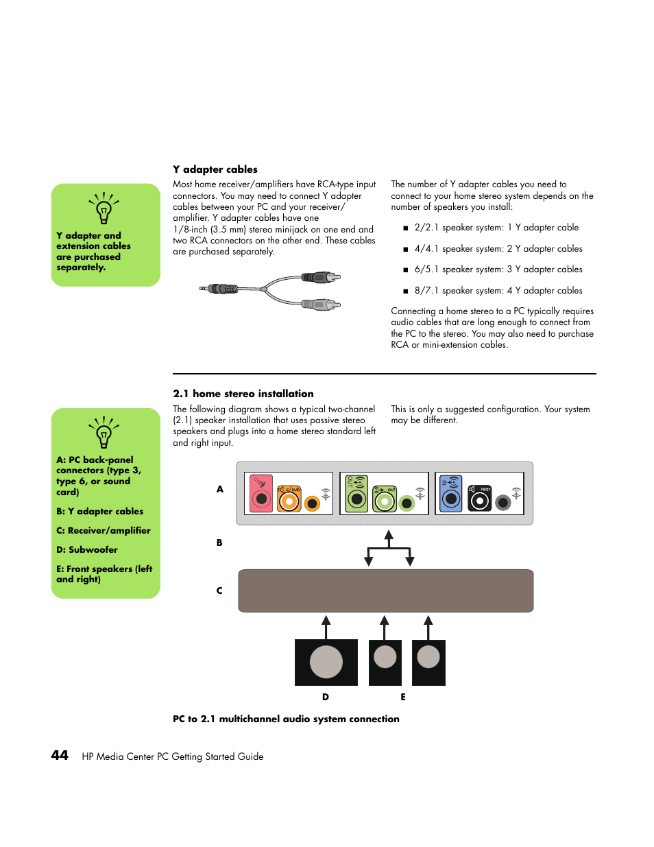Y adapter cables, 1 home stereo installation, Y adapter cables 2.1 home stereo installation | HP Media Center PC User Manual | Page 48 / 86
