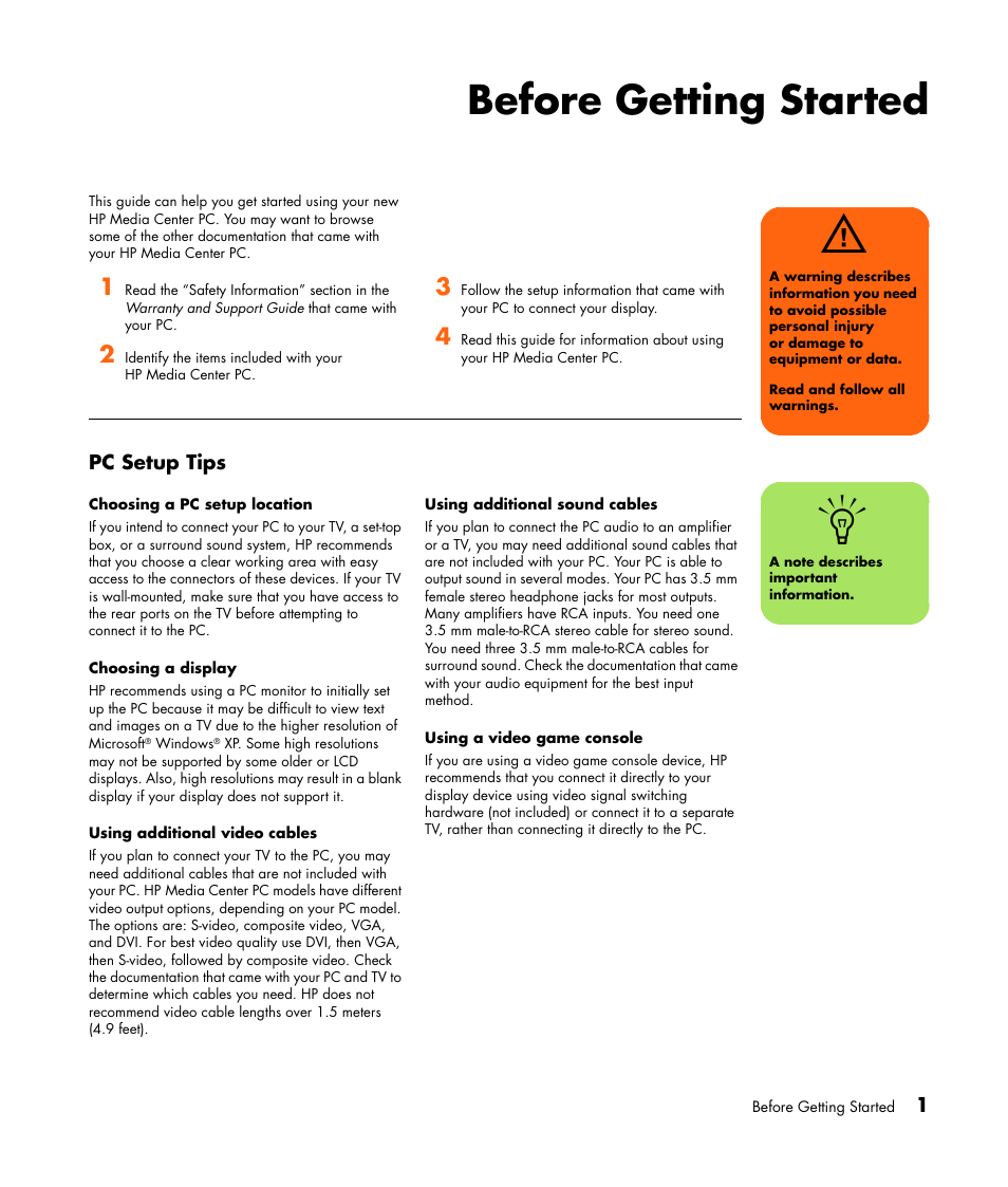 Before getting started, Pc setup tips, Choosing a pc setup location | Choosing a display, Using additional video cables, Using additional sound cables, Using a video game console | HP Media Center PC User Manual | Page 5 / 86