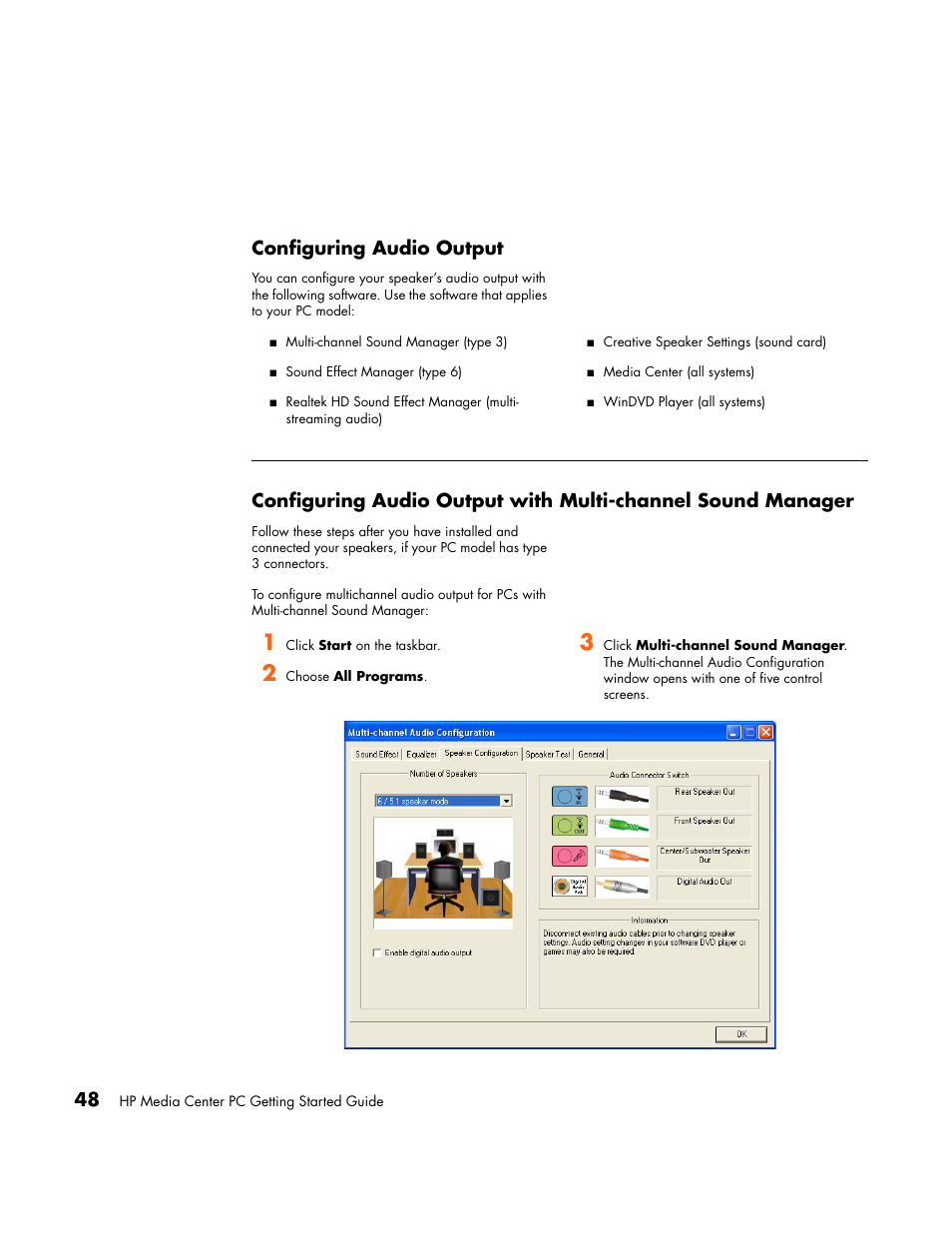 Configuring audio output, Sound manager | HP Media Center PC User Manual | Page 52 / 86