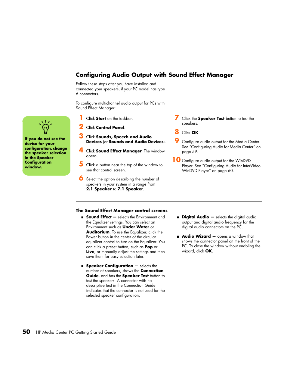 Configuring audio output with sound effect manager, The sound effect manager control screens | HP Media Center PC User Manual | Page 54 / 86