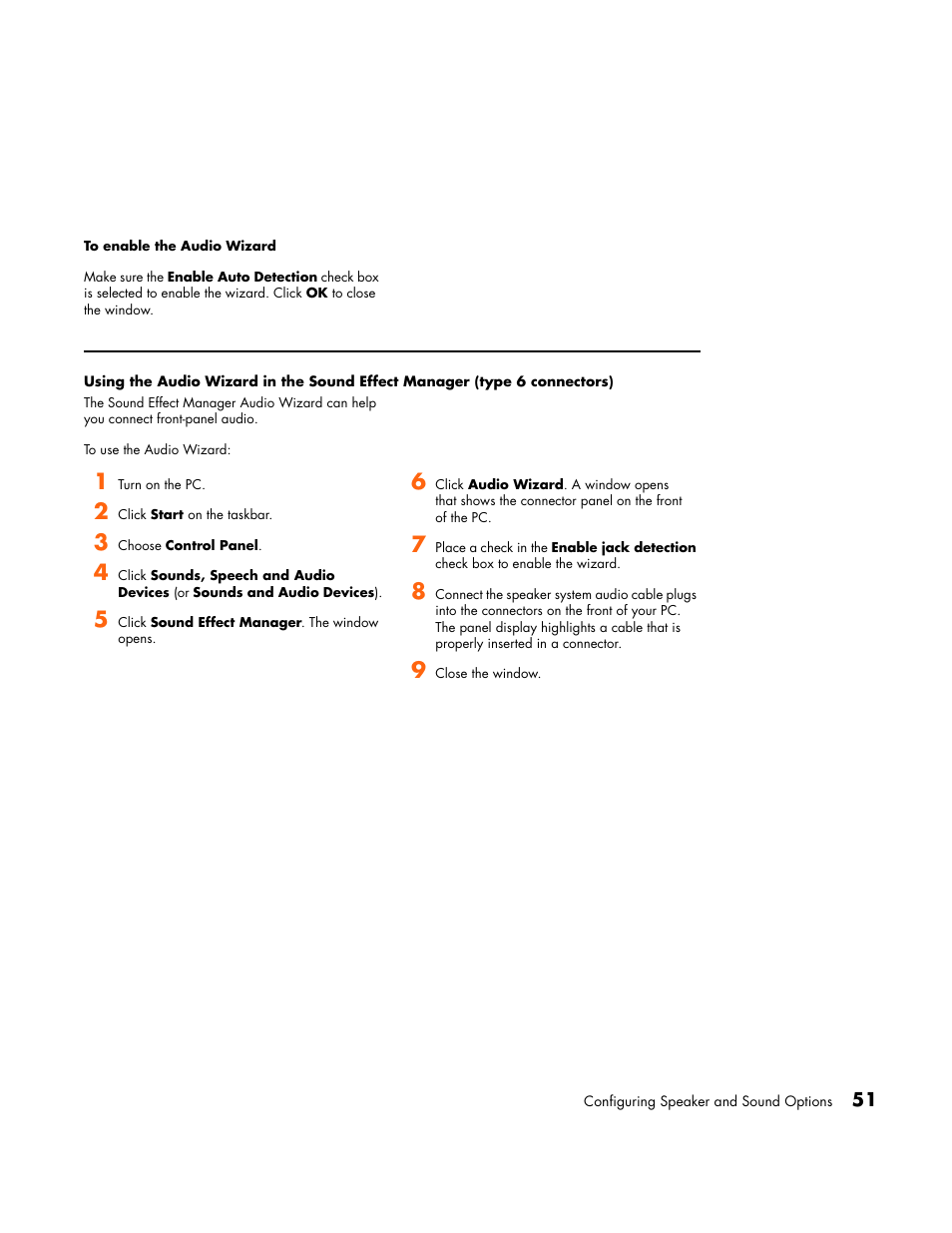Using the audio wizard in the sound effect manager, Type 6 connectors) | HP Media Center PC User Manual | Page 55 / 86