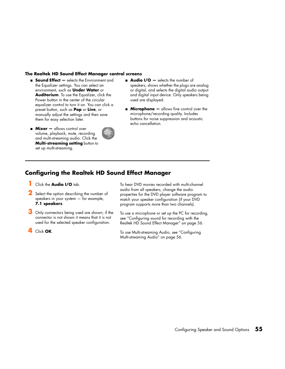 Configuring the realtek hd sound effect manager | HP Media Center PC User Manual | Page 59 / 86